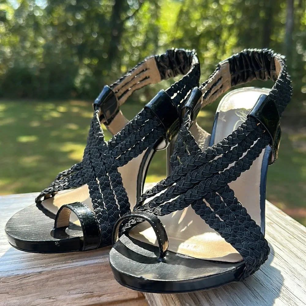 Donald J. Pliner Black Braided Leather Heeled Sandals – Size 8.5M
